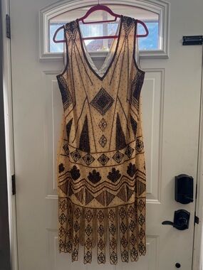 Beaded Cream and Black V-Neck Flapper Dress